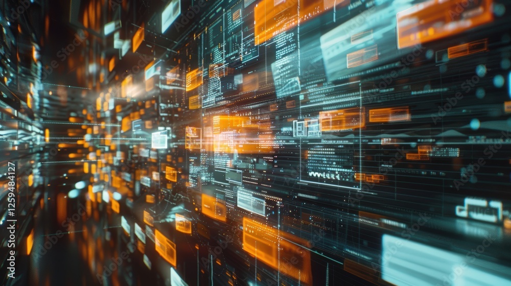 Poster abstract network grid with files and folders, futuristic software interface, digital document manage