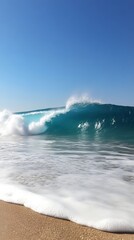 Fototapeta premium Captivating Ocean Wave Breaking on Shore Under a Clear Blue Sky on a Sunny Day