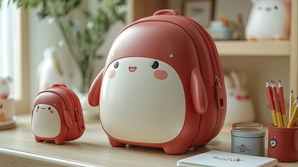 Cute red and white backpacks on a wooden desk with playful decor and stationery in a cozy setting