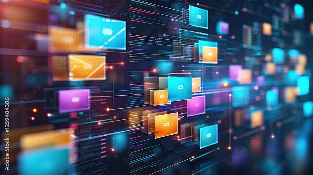 Poster abstract network grid with files and folders, futuristic software interface, digital document manage