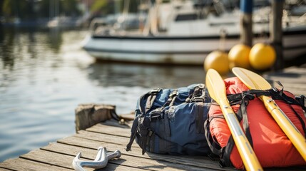 Obraz premium Neatly arranged boating equipment on a dock, emphasizing safety and leisure. Ideal for boating and outdoor content.