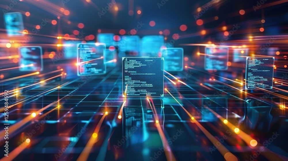 Poster abstract network grid with files and folders, futuristic software interface, digital document manage