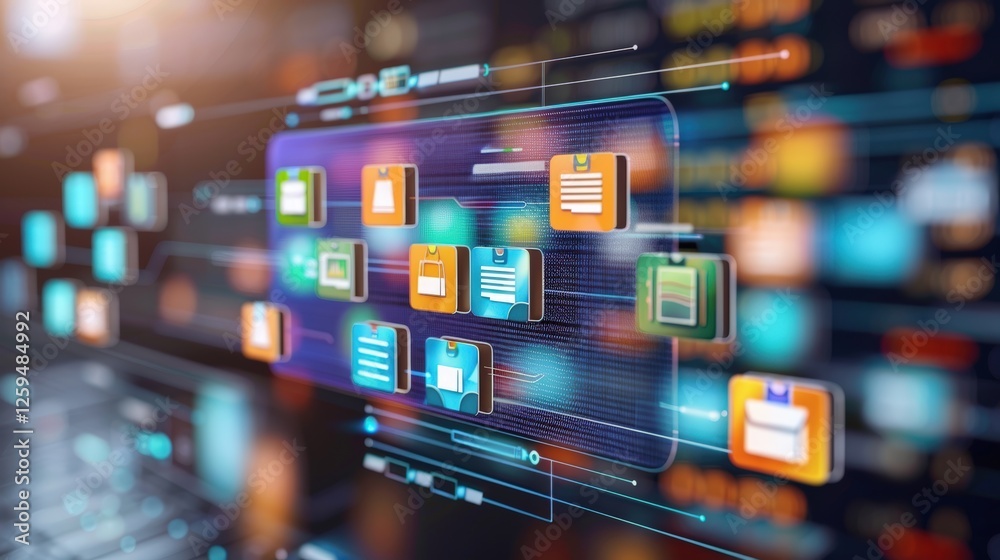 Poster abstract network grid with files and folders, futuristic software interface, digital document manage