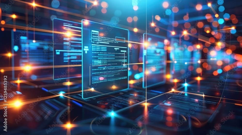 Poster abstract network grid with files and folders, futuristic software interface, digital document manage