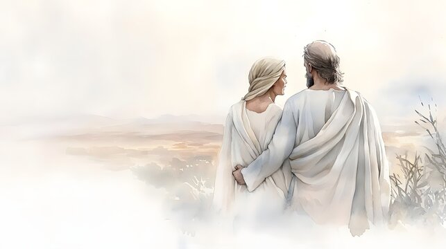 biblical illustration of genesis, A soft watercolor painting depicting Abraham and Sarah gazing upon the land of Canaan their figures blending seamlessly into the warm hazy horizon