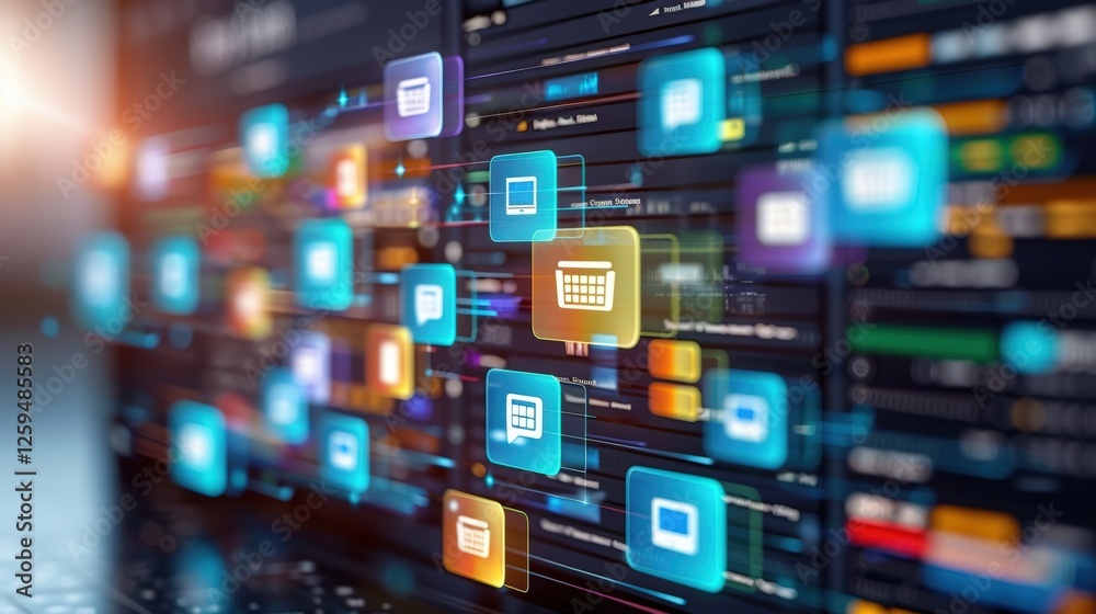 Poster abstract network grid with files and folders, futuristic software interface, digital document manage