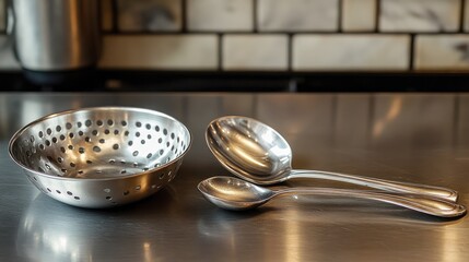 Stainless steel colander and serving spoons on a kitchen countertop with tiled backsplash