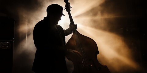 Silhouette of a jazz cello player in a dimly lit club, capturing the soulful essence of live music. Moody, artistic, and dramatic—perfect for creative projects
