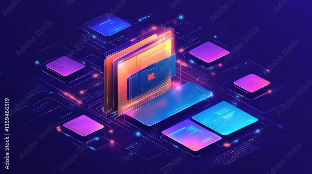Poster abstract network grid with files and folders, futuristic software interface, digital document manage