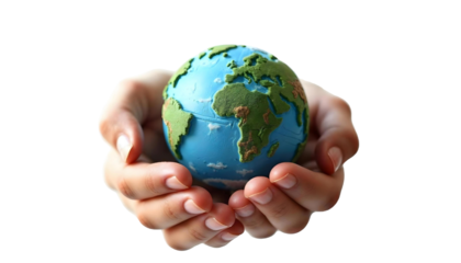 A pair of hands cradling a globe on a transparent background, representing Earth Day and the importance of environmental stewardship