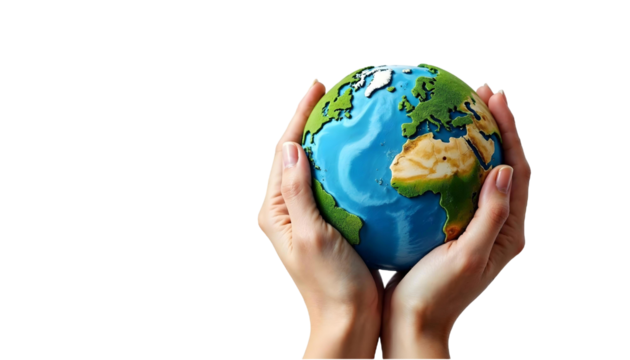 A globe held by hands on a transparent background, emphasizing Earth Day and the need for global environmental awareness