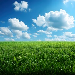 Obraz premium Serene Landscape Featuring Vibrant Green Grass and a Brilliant Blue Sky with Fluffy White Clouds