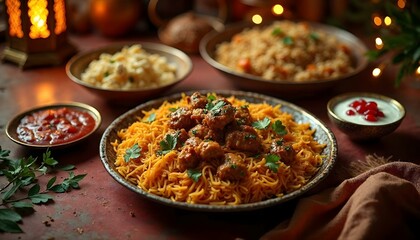 A vibrant plate of spicy mutton Biryani, raita, and gulab jamun, set against festive Ramadan decorations for Iftar