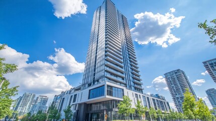 A tall glass building with a blue sky and clouds in the background, the winning entry in a stock photo contest, high-resolution photography