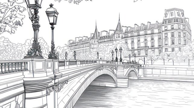 Parisian bridge sketch, Seine river, city background, travel illustration