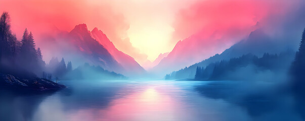 Misty sunrise lake, mountains. Peaceful nature scene