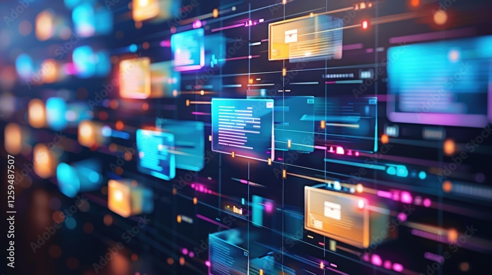 Poster abstract network grid with files and folders, futuristic software interface, digital document manage