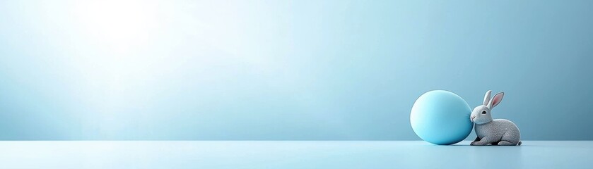 Cute gray bunny sitting next to a light blue oversized egg on a soft pastel background representing Easter and spring themes