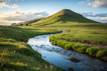 Lush green hills and serene stream flow through tranquil landscape