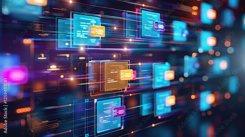 Poster abstract network grid with files and folders, futuristic software interface, digital document manage