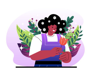 Woman holding a flower with floral background. 