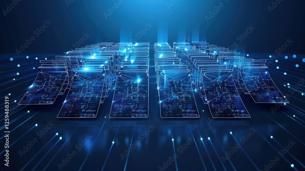 Poster abstract network grid with files and folders, futuristic software interface, digital document manage