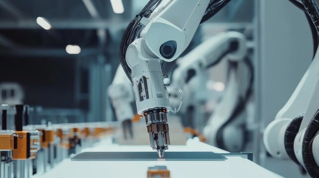 Industrial automation. Robots assembling products. Showcasing precision and efficiency in manufacturing. Ideal for tech industry showcases.