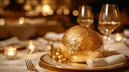Luxurious dining setting featuring a gold-crusted bread on a decorated table.