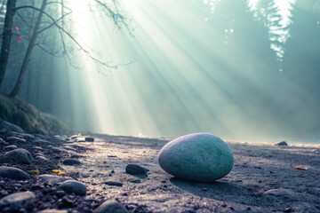 serene landscape featuring large stone illuminated by soft sunlight rays