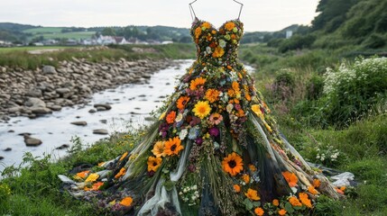 Obraz premium Floral gown, riverbank display, rural setting, eco-fashion