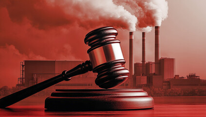 A gavel surrounded by smoke and a power plant background