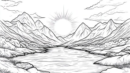 Fototapeta premium Sunrise over mountain lake, tranquil scene, nature illustration, coloring book page