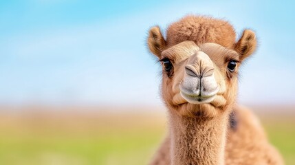 Obraz premium Young camel portrait, desert grassland background, wildlife photography, travel