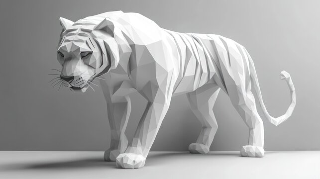 Low-poly white tiger model, studio backdrop, 3D render, wildlife design