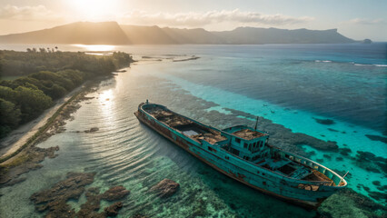 Abandoned shipwreck on tropical shore with clear blue waters and mountains