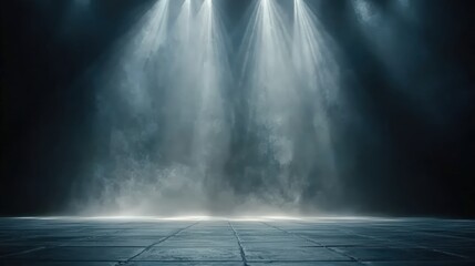 A dark room with a concrete floor and a spotlight. Suitable for dramatic or mysterious themed designs, theater and event promotion, and creative storytelling visuals. empty dark blue room	
