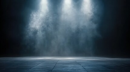 A dark room with a concrete floor and a spotlight. Suitable for dramatic or mysterious themed designs, theater and event promotion, and creative storytelling visuals. empty dark blue room	
