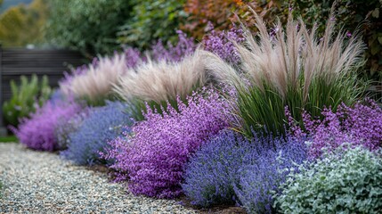 Colorful garden border with ornamental grasses and shrubs