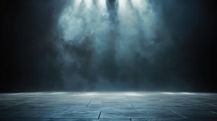 A dark room with a concrete floor and a spotlight. Suitable for dramatic or mysterious themed designs, theater and event promotion, and creative storytelling visuals. empty dark blue room	
