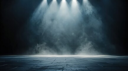 A dark room with a concrete floor and a spotlight. Suitable for dramatic or mysterious themed designs, theater and event promotion, and creative storytelling visuals. empty dark blue room	
