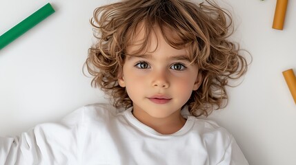 Naklejka premium Adorable Blond Child with Freckles Lying on White Background Surrounded by Colorful Cylinders