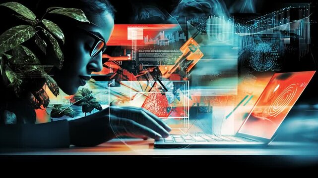 Cyberpunk Data Analyst: A focused female data analyst is immersed in her work, surrounded by a vibrant, futuristic digital landscape projected onto her laptop screen.