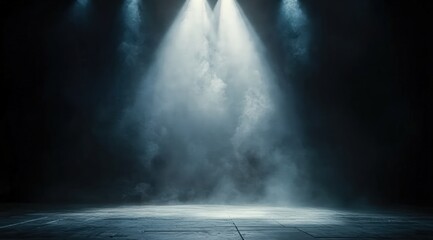 A dark room with a concrete floor and a spotlight. Suitable for dramatic or mysterious themed designs, theater and event promotion, and creative storytelling visuals. empty dark blue room	
