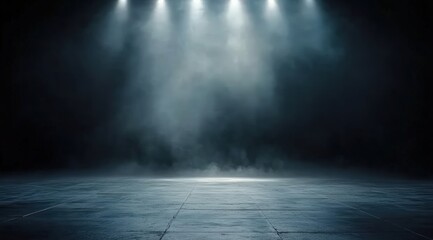 A dark room with a concrete floor and a spotlight. Suitable for dramatic or mysterious themed designs, theater and event promotion, and creative storytelling visuals. empty dark blue room	
