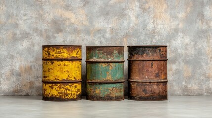 Rusty Industrial Barrels Against a Weathered Wall