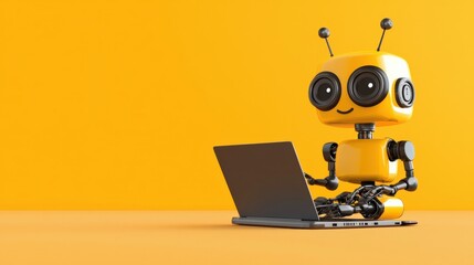 Illustration of a chatbot floating next to a happy customer laptop