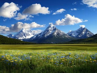 Fototapeta premium A picturesque landscape featuring majestic mountains, a vibrant green meadow, and a bright blue sky with fluffy white clouds.