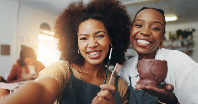 Women, selfie and pottery in clay studio, workshop and art process for handmade ceramic design. Craft, hobby and artist with friends, artwork and social media in creative class for sculpture post