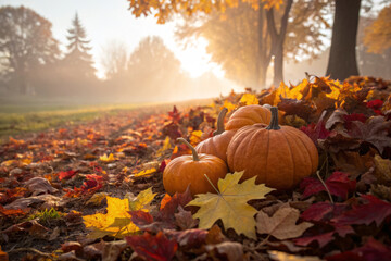 Autumn scene with pumpkins on colorful leaves in soft morning light