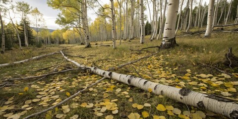 Fototapeta premium Fallen aspen branches and leaves creating a mosaic pattern on the forest floor, deciduous trees, nature elements